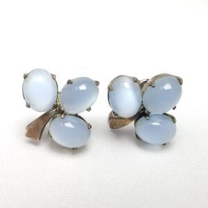 Vintage Sterling Silver Light Blue Cabochon Cat's Eye Screw Back Earrings